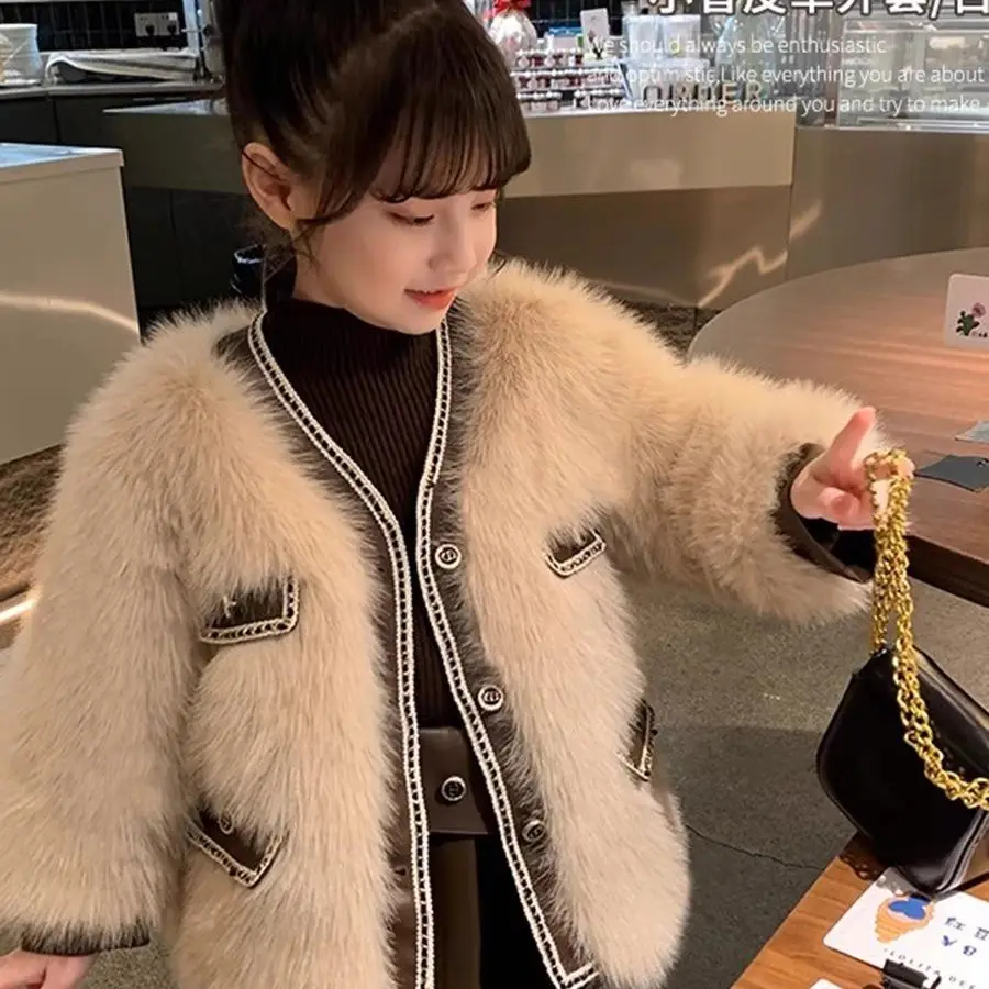 Girls Faux Fur Coat Autumn Winter 2025 New Fashion Children Small Fragrant Style Cotton Jacket Warm Fur Coat