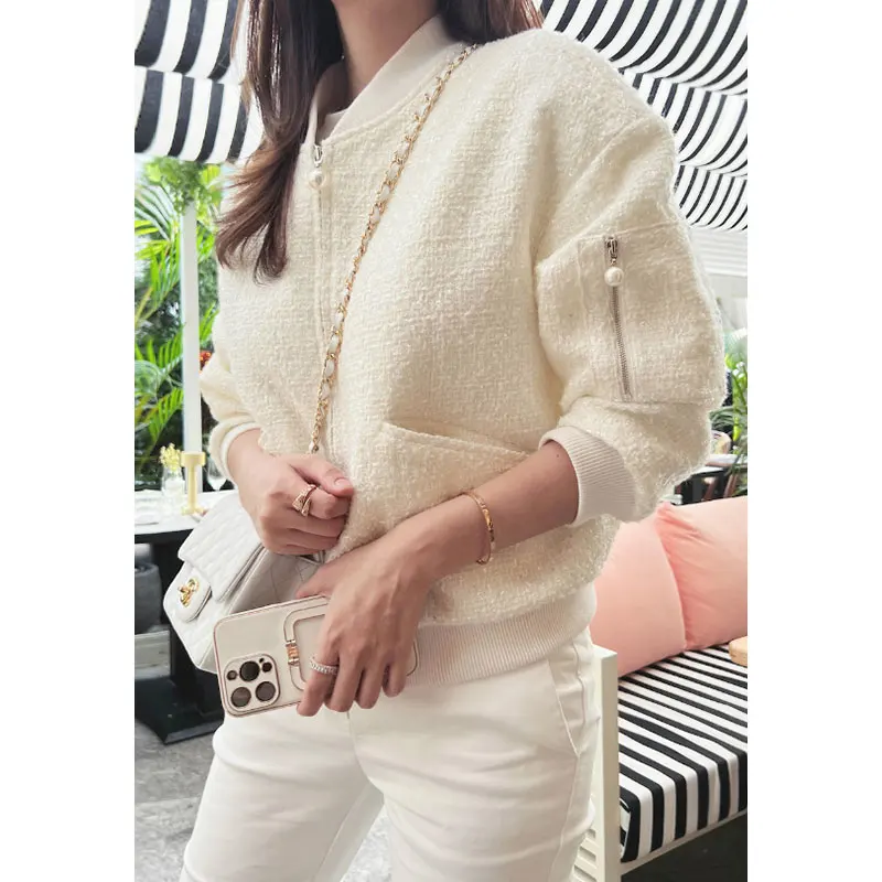 

Chic Autumn Winter ort Coat Pure Color ket Design Loose Long Sve Thi Tweed Women's Faion Stand Collar Jaet