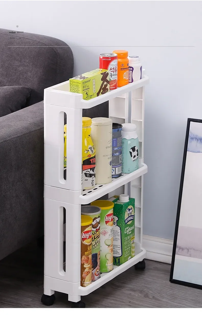 1pc Slim Storage Cart, Floor Mount Gap Storage Rack With Wheels, Multi-layer White Movable Seam Storage Rack