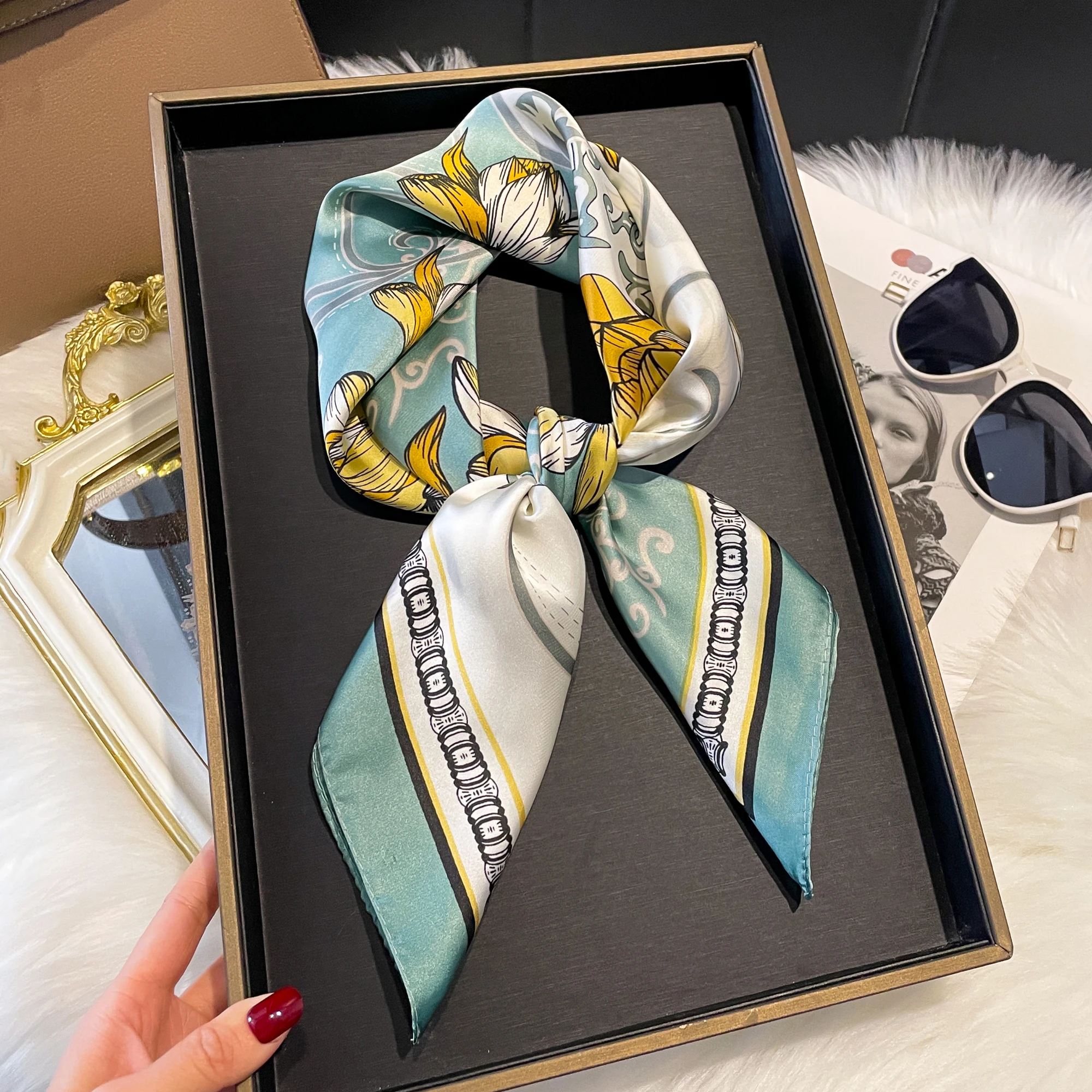 Luxury Fashion Print 70*70cm Silk Square Scarf Women Soft Satin Hairband Neckerchief Tie Female Headband Foulard Bag Ribbon