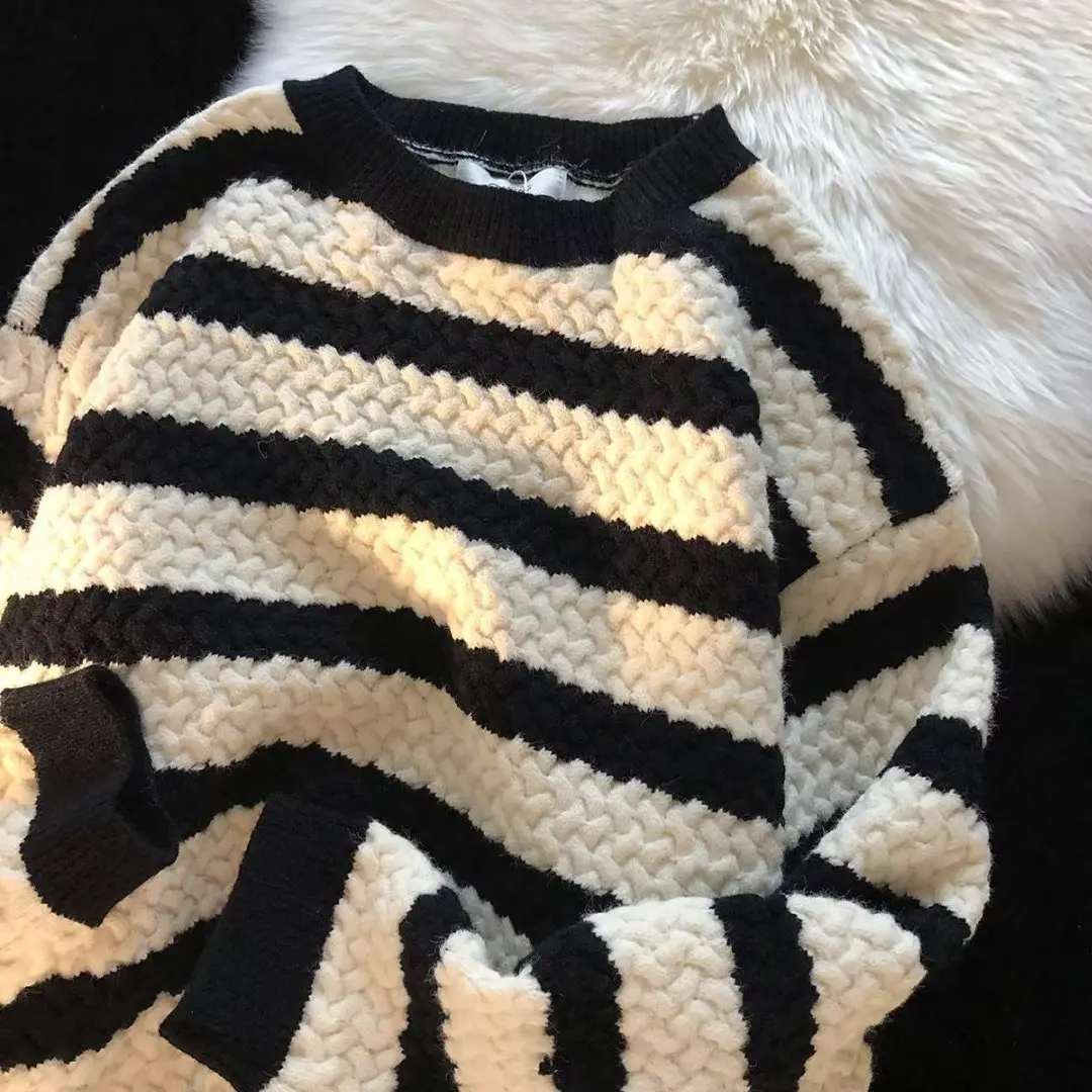 

Мужской осенне-зимний свободный вязаный свитер, повседневный полосатый корейский свитер больших размеров, ленивый Гонконгский трикотаж