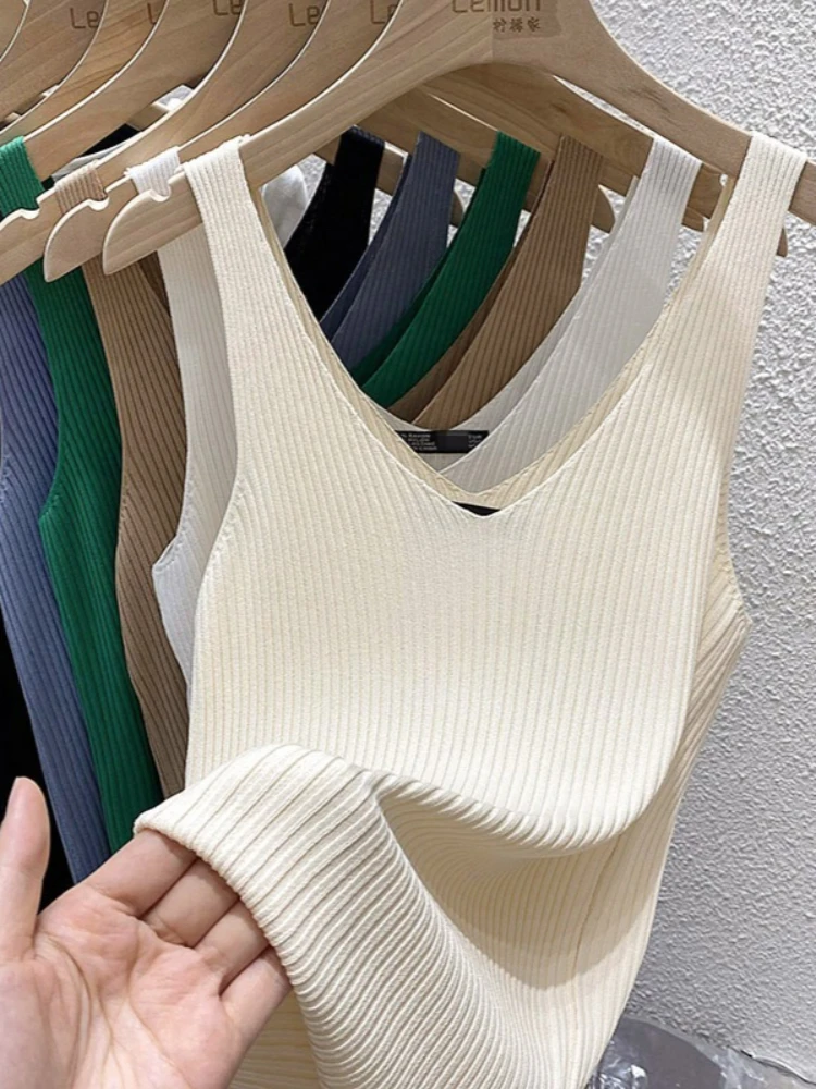 Zjaiss 2026 Summer Fashion Women Camisole Ice Silk Knit Tank Top Slim Fit Sleeveless Base Top Solid Color V-Neck Crop Top