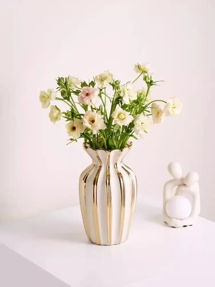 Nordic Retro Gold Painted Cream White Ceramic Vase Living Room Coffee Table Flower Arrangement Vase  Girl Flower Pot  Home Decor