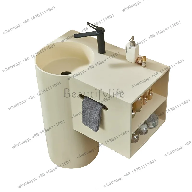 Integrated vertical wash basin artificial stone cream wind art skin feeling column bathroom floor cylindrical wash basin