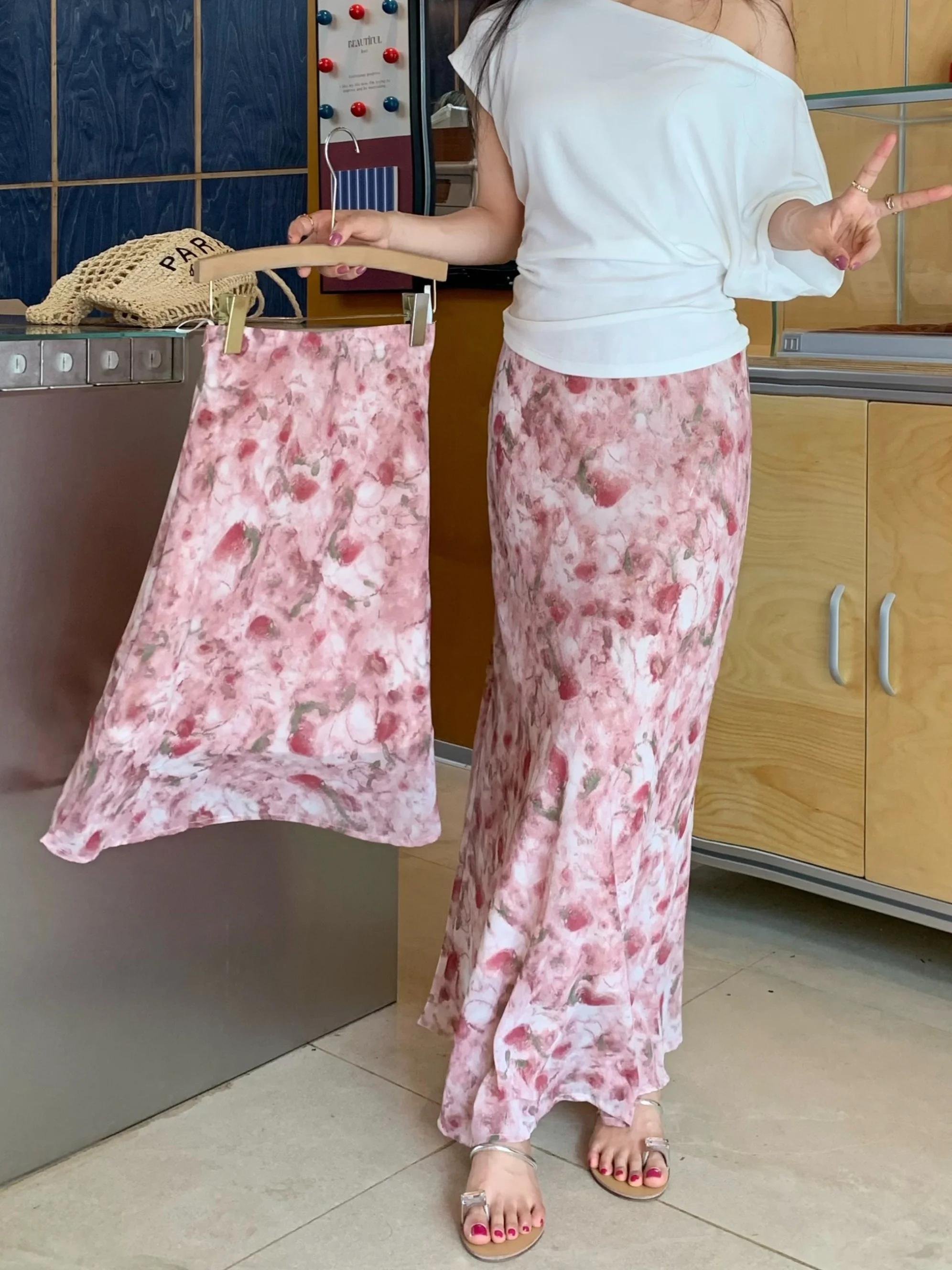 

Elegant Floral Print ASH Skirt Women's High Waist Slimming Versatile A-Line Skirt Summer Fashion Gentle Style