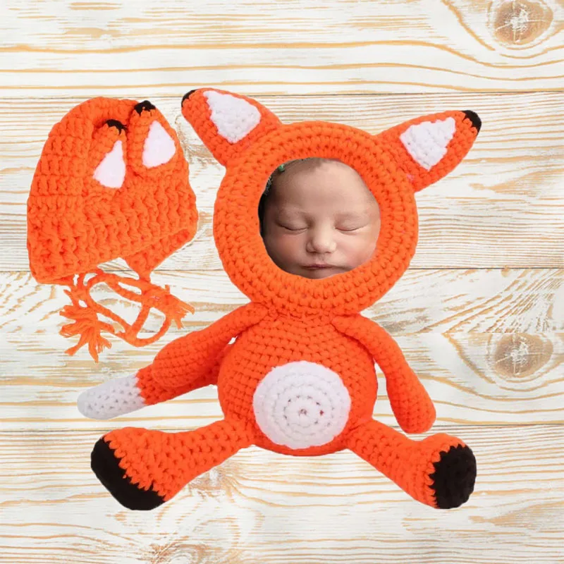 

2pcs/ Crochet Newborn Photo Props: Fox Plush Toy & Knitted Hat with Frame, Amigurumi Style Baby Photography Gift