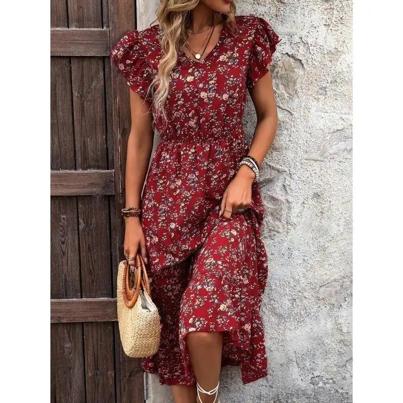 여름 패션 V넥 여성용 드레스 허리 조임 플로럴 프린트 골드 헴 부드럽고 편안한 폴리에스터 섬유