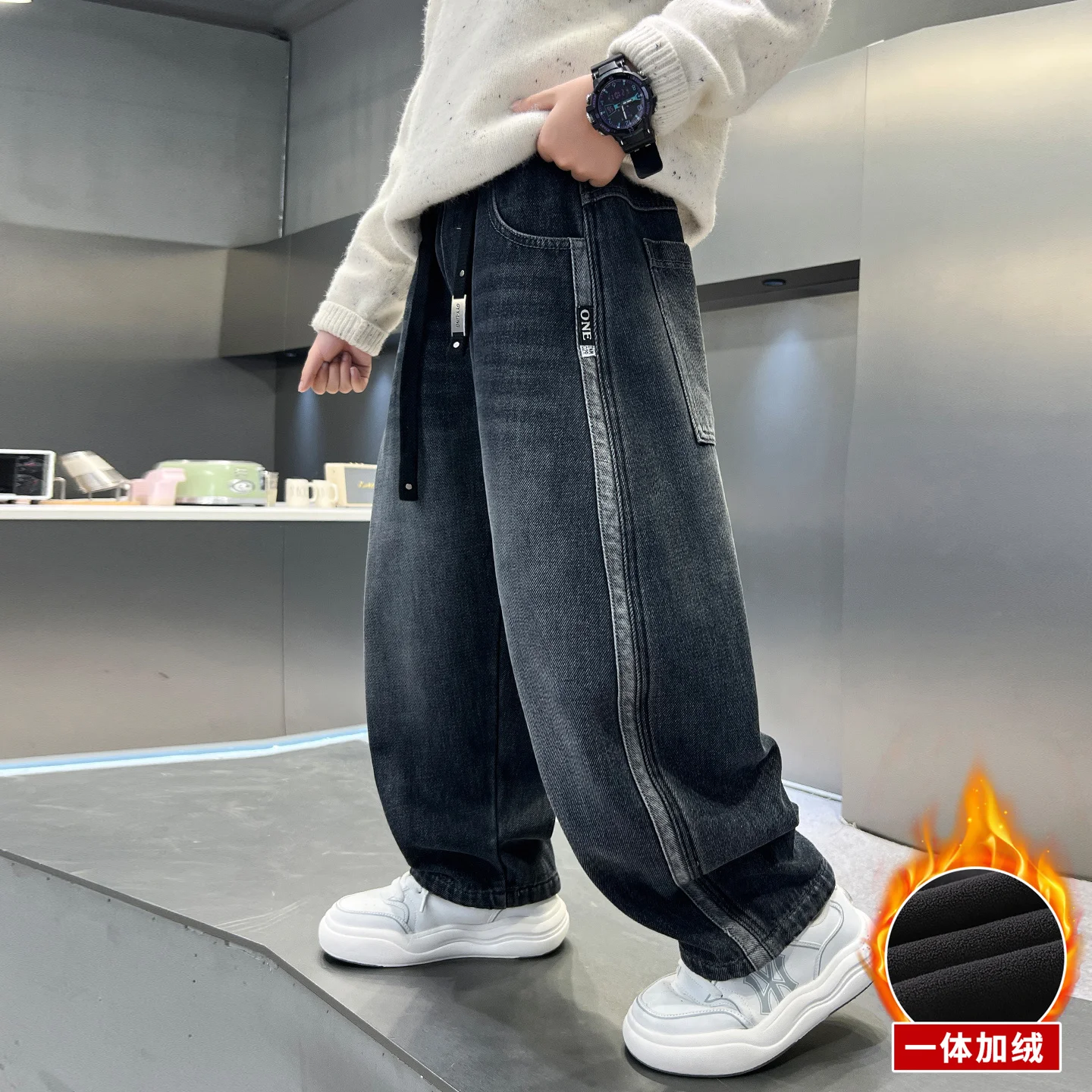 الأولاد الجينز الدافئة للأطفال السراويل الاطفال ملابس جديدة السراويل فضفاضة الشتاء/الخريف الملابس المراهقين جينز معزول غير رسمي 4-14Y