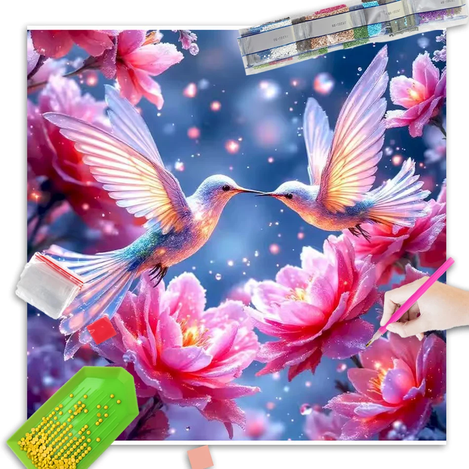 

GATYZTORY Diamond Mosaic Bird Animal Pink Flower Full Round Square Diamond Painting Kit Home Bedroom Wall Artwork