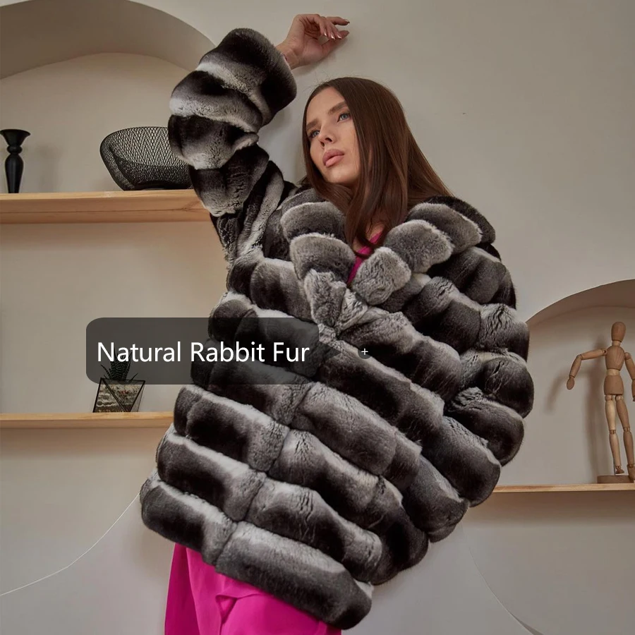 Abrigo de piel auténtica Chinchilla para mujer, chaquetas de piel de conejo Rex natural auténtica de lujo, abrigos cálidos de piel de conejo para invierno 2024