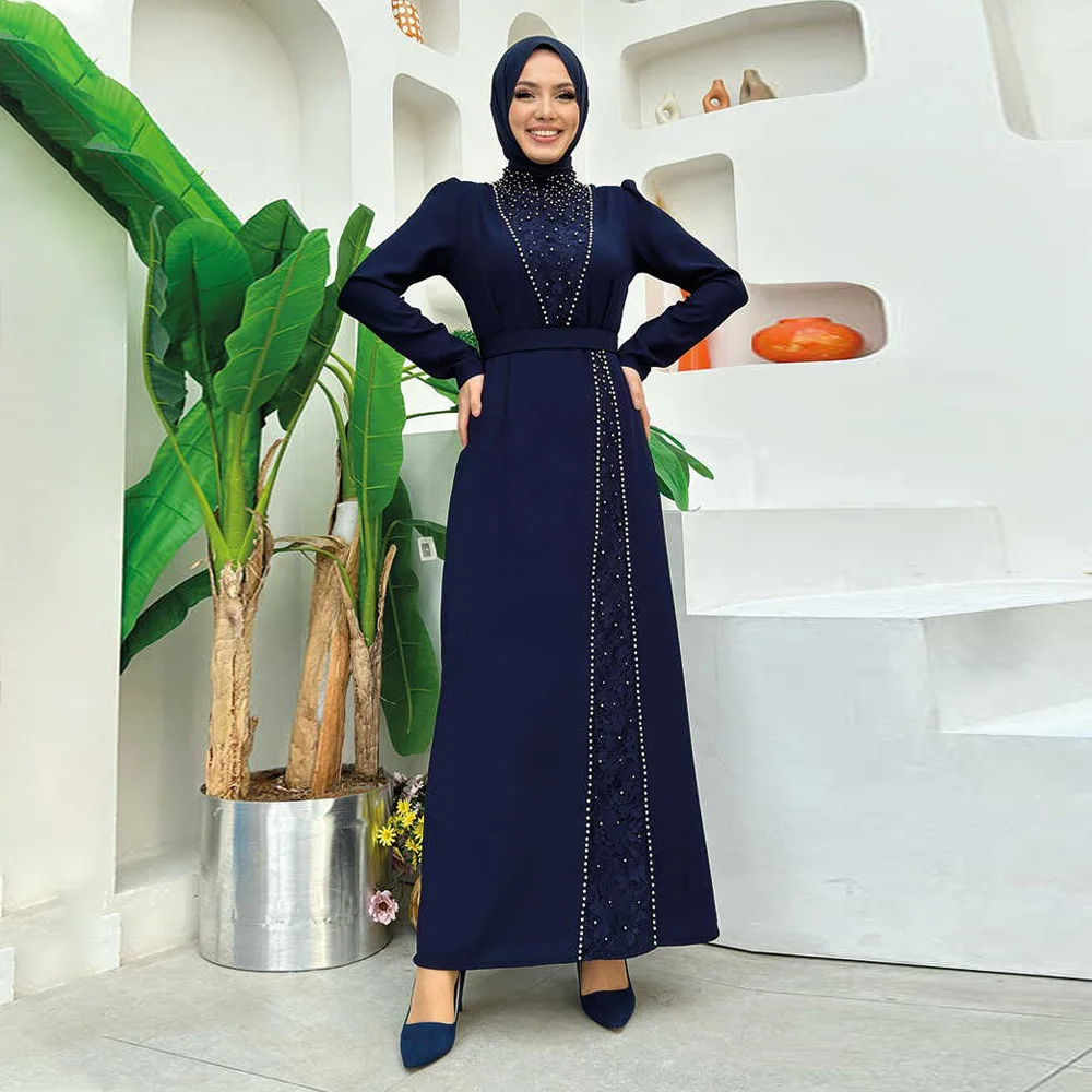 Cross border Middle Eastern Muslim Robe 2024 Autumn/Winter New Lace Beaded Abaya Long Dress