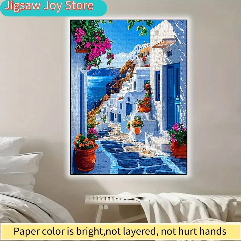 

1000 элементов, DIY-пазл из бумаги (Пляжный город Санторини, средиземноморский стиль, строительство домов), высококачественный белый картон, Sui