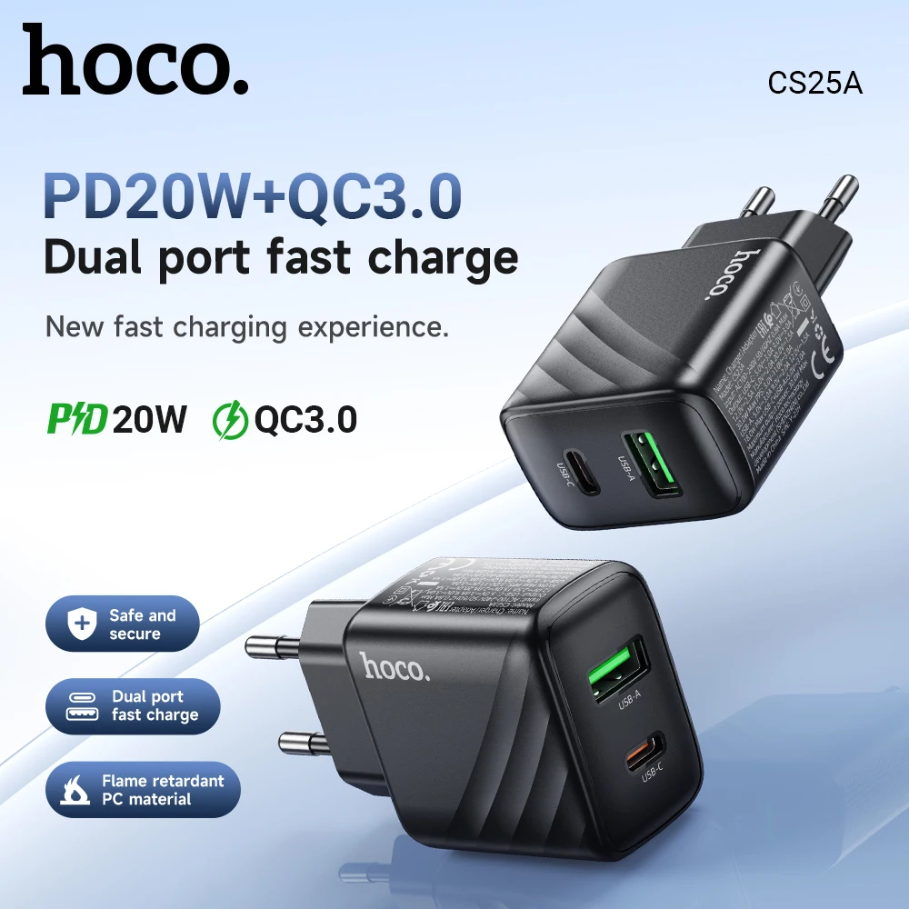 HOCO CS25A 20 واط USB نوع C شاحن PD شحن سريع الهاتف QC 3.0 شواحن سريعة آيفون 15 14 13 12 برو ماكس شحن iPad الصغير