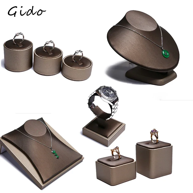 PU Brown  Ring Earrings Pendant Necklace Jewelry Display Stand Set Tray Bangle Bracelet Storage Case Holder Organizer Kit