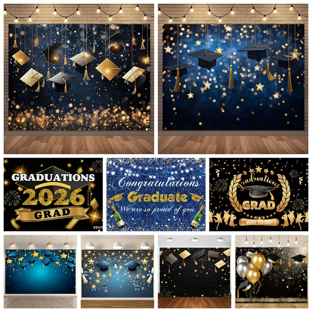 

Black Gold Bachelor Cap Graduation Decoration Background Cloth 2026 Graduation Season Party Customizable Shooting Backdrop Props