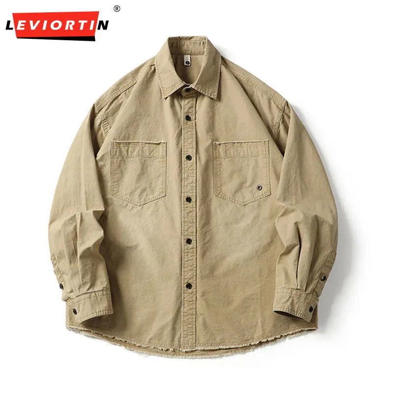 Kemeja Kasual Pria Musim Semi dan Gugur, Model Trendi Jalanan dengan Kerah Tua, Warna Solid Retro, Lengan Panjang Longgar