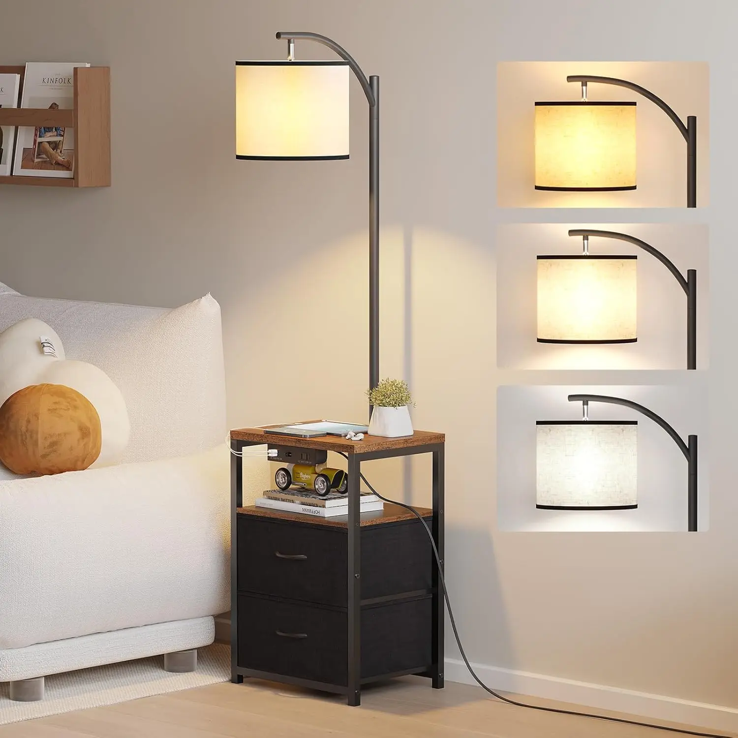 

Sunmory Floor Lamp With Table & 2 Drawers, Lamp With Usb Port And Outlet, Nightstand With 3 Color Temperature Led Bulb