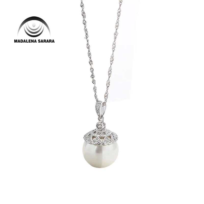 

MADALENA SARARA 9-10mm AAA Freshwater Pearl Semi Round Vintage Style Sterling Silver 925 Chain Necklace AAAA CZ inlaid