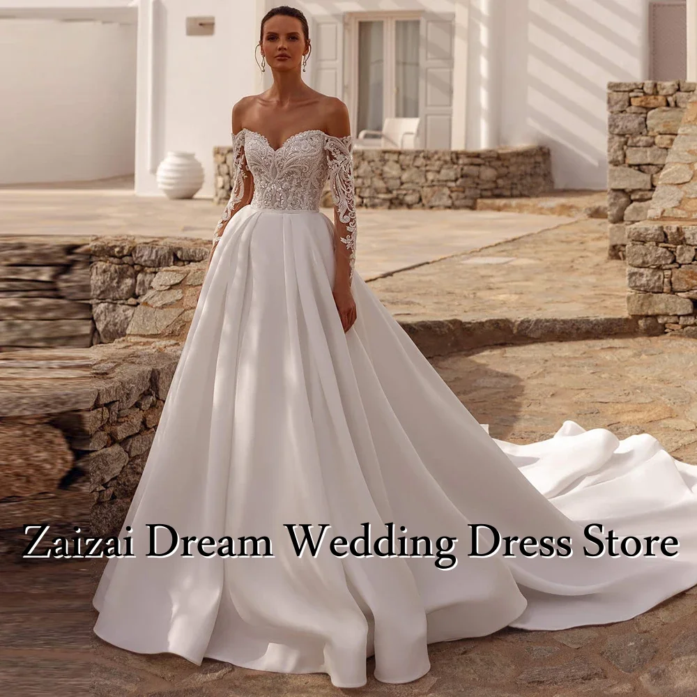 ชุดแต่งงานทรงเอไลน์ผ้าซาตินสุดหรูแบบสั่งตัดสำหรับผู้หญิง แขนยาวลูกไม้ ชุดราตรีงานพรอม ชุดเดรสลูกไม้ปักลาย Vestidos De Novias