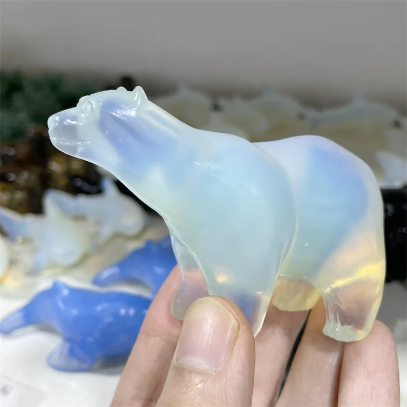 Natural Crystal White Opalite Polar Bear Animals Healing Stone Home Decoration Crafts Ornaments Figurine Children Gifts 1pcs