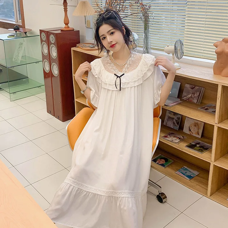 

Summer Women Short Sleeve Cotton Princess Dress Lady Loose Casual Nightwear Female Sweet Cute Homedress Sleepdress