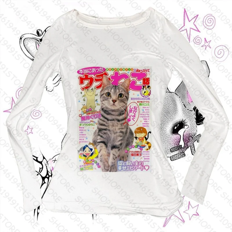 

Crop Top Women Harajuku Long Sleeve Baby Tees Y2k Kitty Gothic Woman T-shirts Aesthetic Clothing Emo Kpop Kawaii Anime Girl Goth
