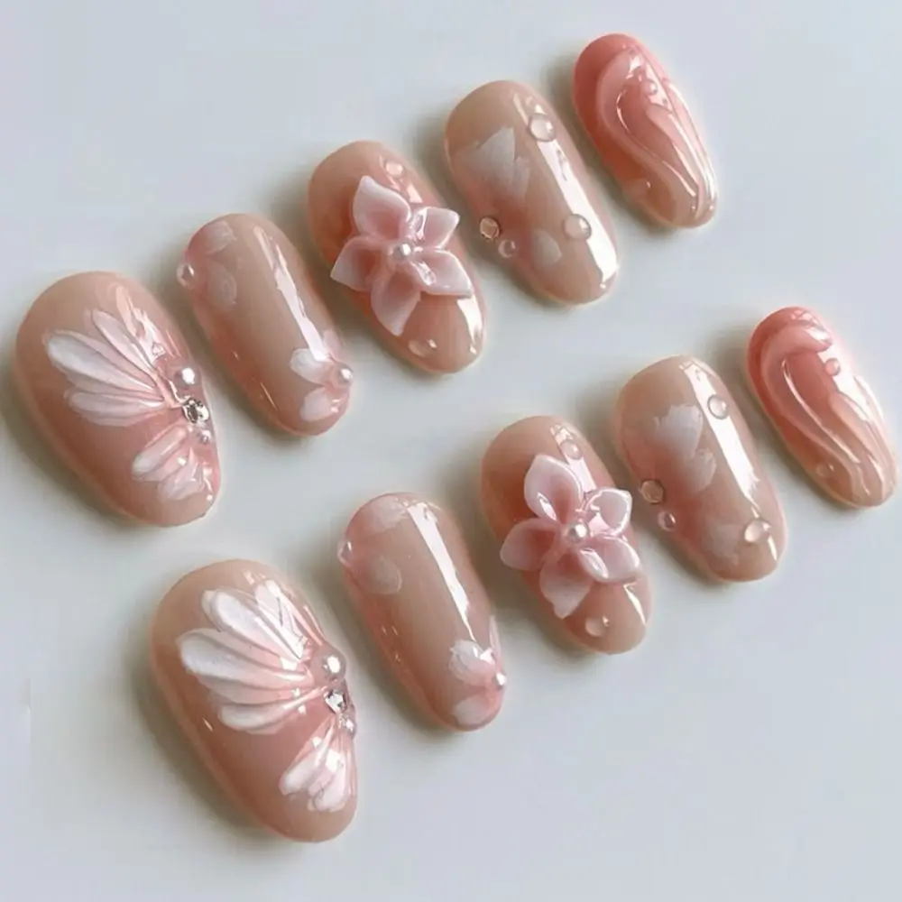 Manicure Long Almond False Nails French Aurora Fake Nails Gilding Flower Tomato Detachable Press on Nails Women