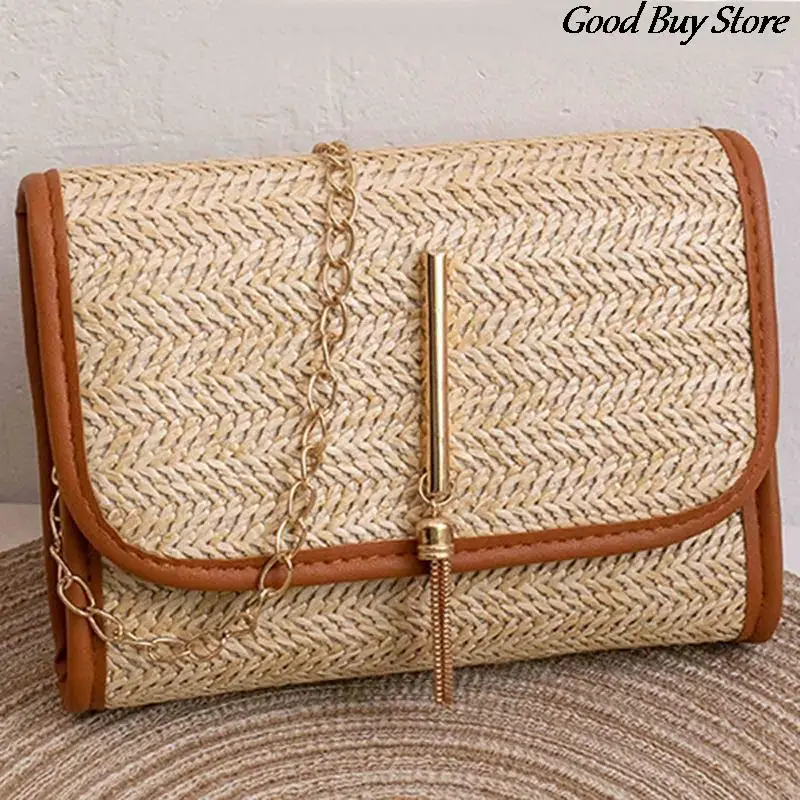 2023 Trendy Beach Shoulder Purse for Women Straw Square Bags Raffia Portable Crossbody Bags Popular Large Totes Travel Handbags