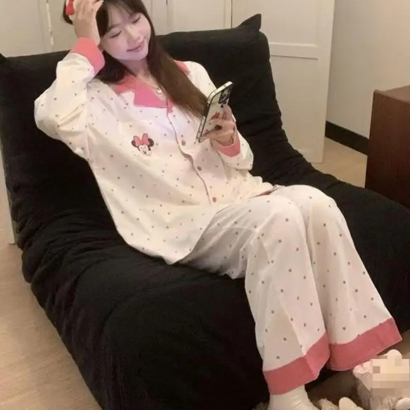girls Spring Autumn New Anime Women's Lapel Long Sleeved Trouser Pajama Set Cartoon Women's Style Home Clothe Two Piece Set