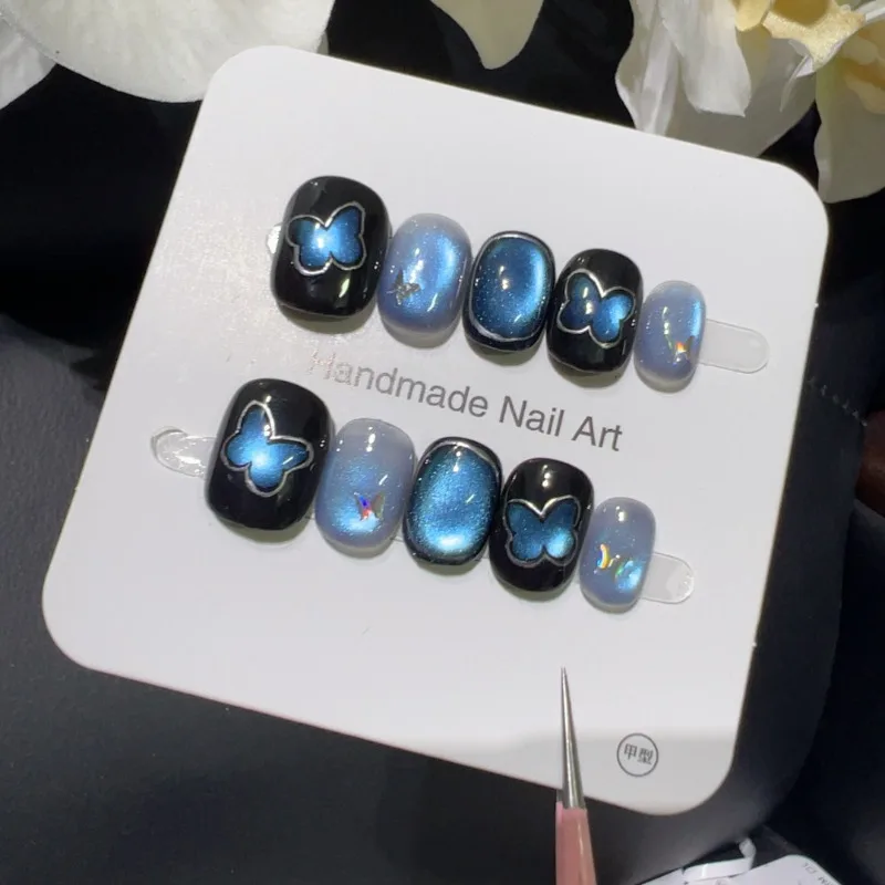 

10pcs Handmade Short False Nails Set Black and Blue Cat Eye Butterflies Fake Nails with Design Reusable Adhesive Nails Press On