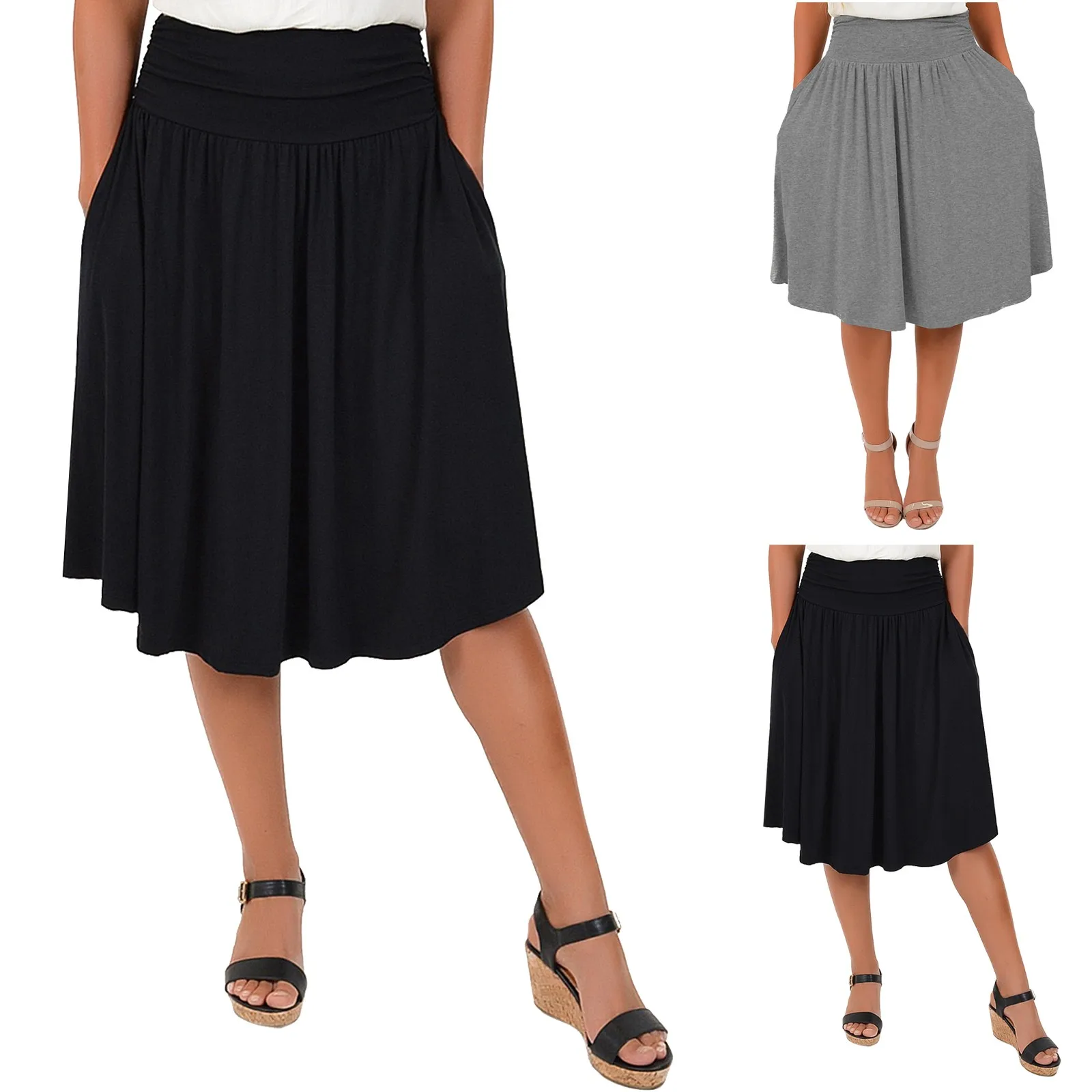 Women'S Regular Solid And Plus Size Pocket Skirts Elastic High Waist Knee-Length Pleated Dresses Summer Cool Causal Petticoats