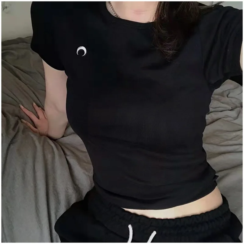 

Slimming Effect Pure Color Short Sleeve round Neck T-Shirt Women's MS2025 Spring Summer New Style Embroidered Moon Elastic T-...