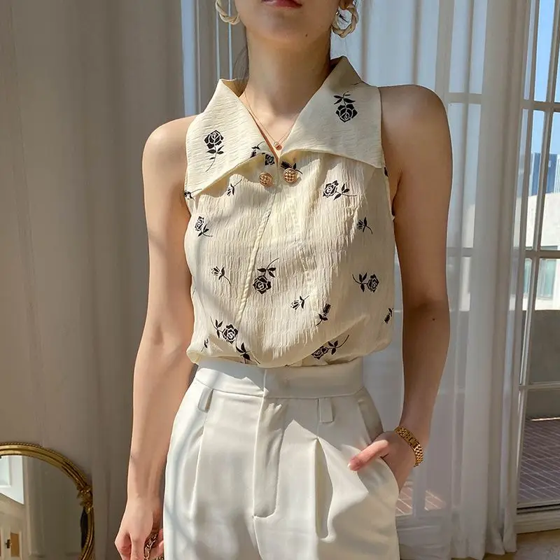 

Sleeveless Blouses Women Floral Temperament All-match Retro Turn-down Collar Design Fashion Leisure Summer Breathable Female OL