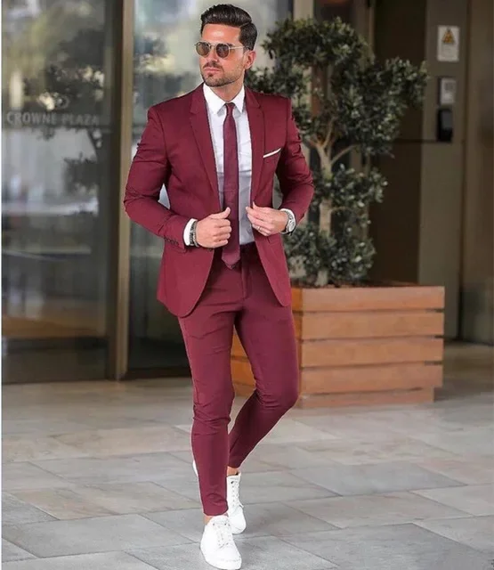 Elegant Custom Burgundy Men Suit Blazers For Party Prom 2 Pieces Red Suit For Men Groom Wedding Suits Notched Lapel Mens Tuxedos