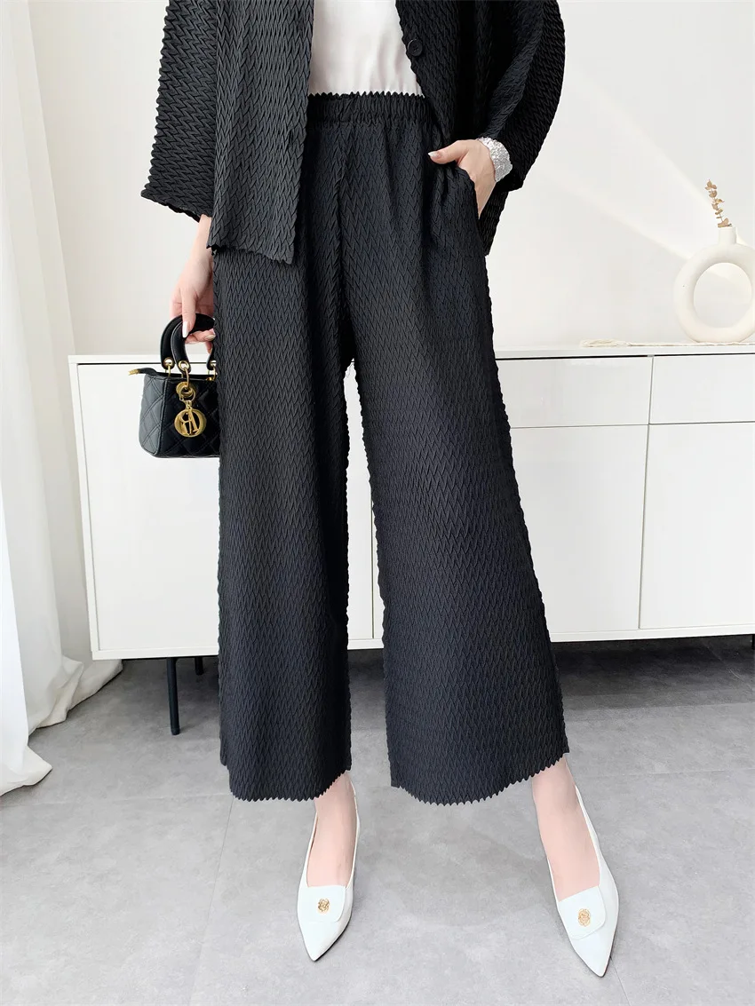 Miyake Handmade Pineapple Pleats Women's Casual Solid Color Loose Large Size Elastic Waist Wide Leg Pants