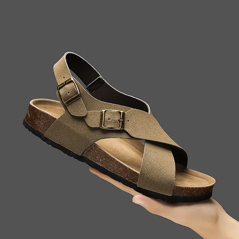 

New Leather Cork Flip-flops Male Couple Vintage Summer Wear Muller Slippers Fashion Casual Beach Sandals New 2025 Zapatos Hombre