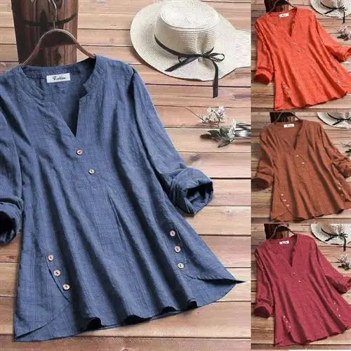

202 Women's Cotton Blouse plus Size Autumn T-irt Ladies Long Sve Comfortable Breathable Faion Top for plus Size Women