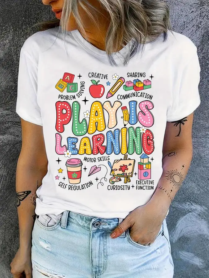 Retro Groovy Play Is Learning Shirt Women Early Childhood Education Graphic Tees Kindergarten Teacher Apparel White Tops Y2K