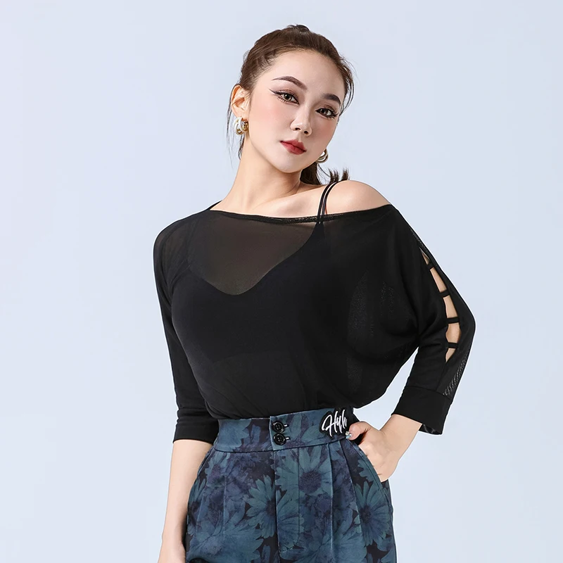 

Slanted Shoulder Mesh Latin Dance Top Practice Clothes Women Latin Dance Clothing Adult Waltz Prom Salsa Dancing Bodysuit XH3032