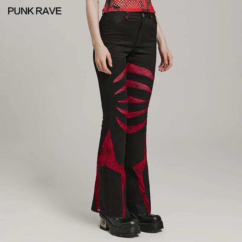 PUNK RAVE Women's Gothic Pointed Spider Web Flared Trousers Alien Bone Claws Personalized Pants Spring Autumn Two Colors