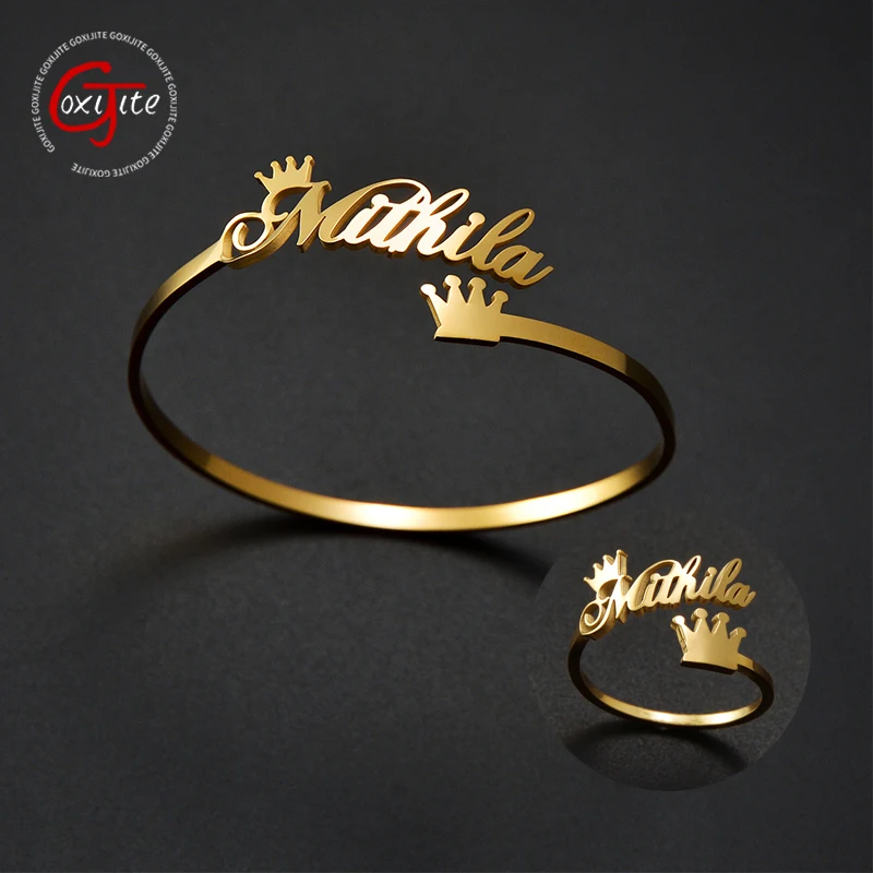 

Goxijite Custom Name Adjustable Bangle Ring For Women Kids Stainless Steel Customized Crown And Letter Open Bangle Ring Gift