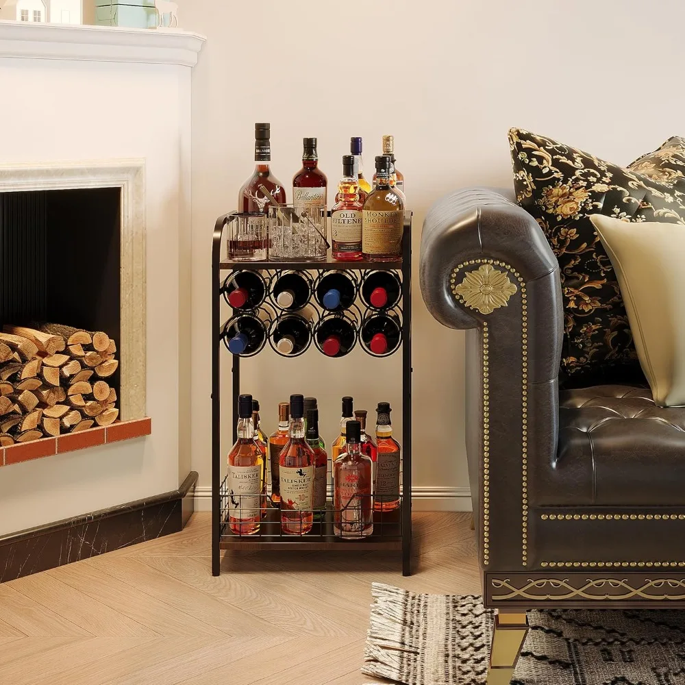 3-Tier Wine Bar Table with 8-Bottle Rack, Mini Cabinet for Whiskey Display and Home Storage
