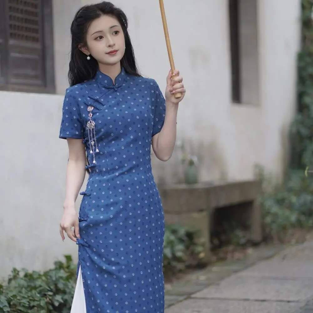 

‌Vintage Inspired Cheongsam Dress - Elegant Navy Blue Slim Fit New Arrival Modernized Traditional Dress for Women