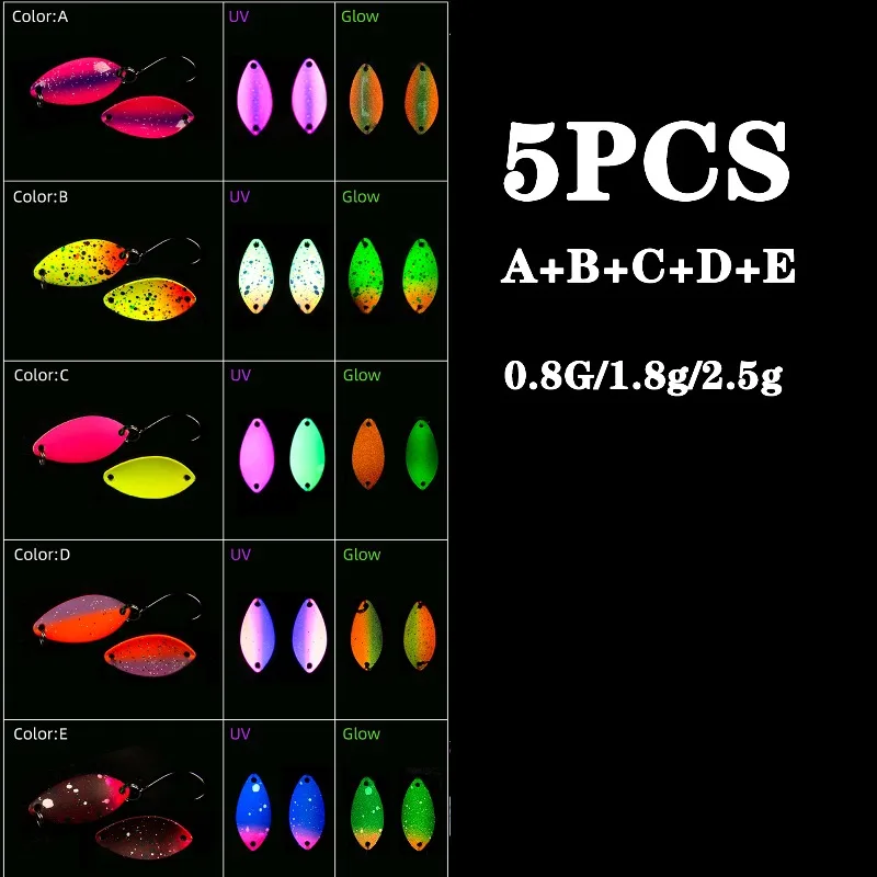 5 Teile/satz Spoonbait 0,8g 1,8g 2,5g Kupfer Löffel Bunte Malerei Senf Haken UV Leucht für Forelle Bass stream Pesca Tackle