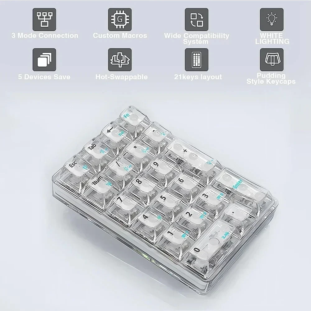 Imagem -06 - Teclado Numérico Transparente sem Fio Rgb 3mode 21key Backlight Teclado Mecânico Personalizado Pad Numérico Gamer Bluetooth Aula-f21