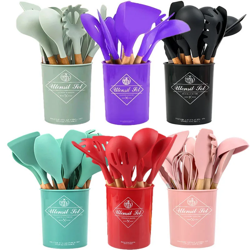 

11-piece non-stick spatula kitchen utensils cooking set Multi-color storage barrels wooden handle silicone kitchen utensils