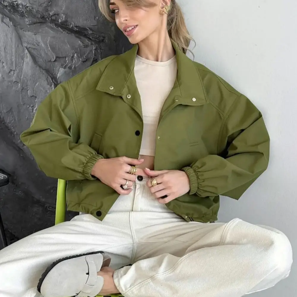 Casual Women Cropped Jacket Chic Spring Autumn Long Sleeve Button Coat Female Fashion Loose Solid Color Streetwear Outerwear