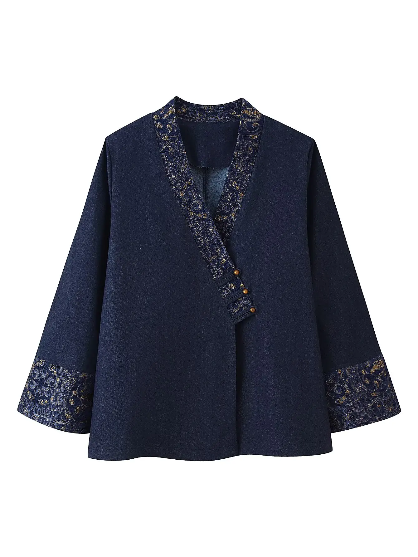

Women's Navy Blue Kimono-Style Denim Jacket Loose Long Sleeve V-Neck Jacquard Pattern Outerwear Coat