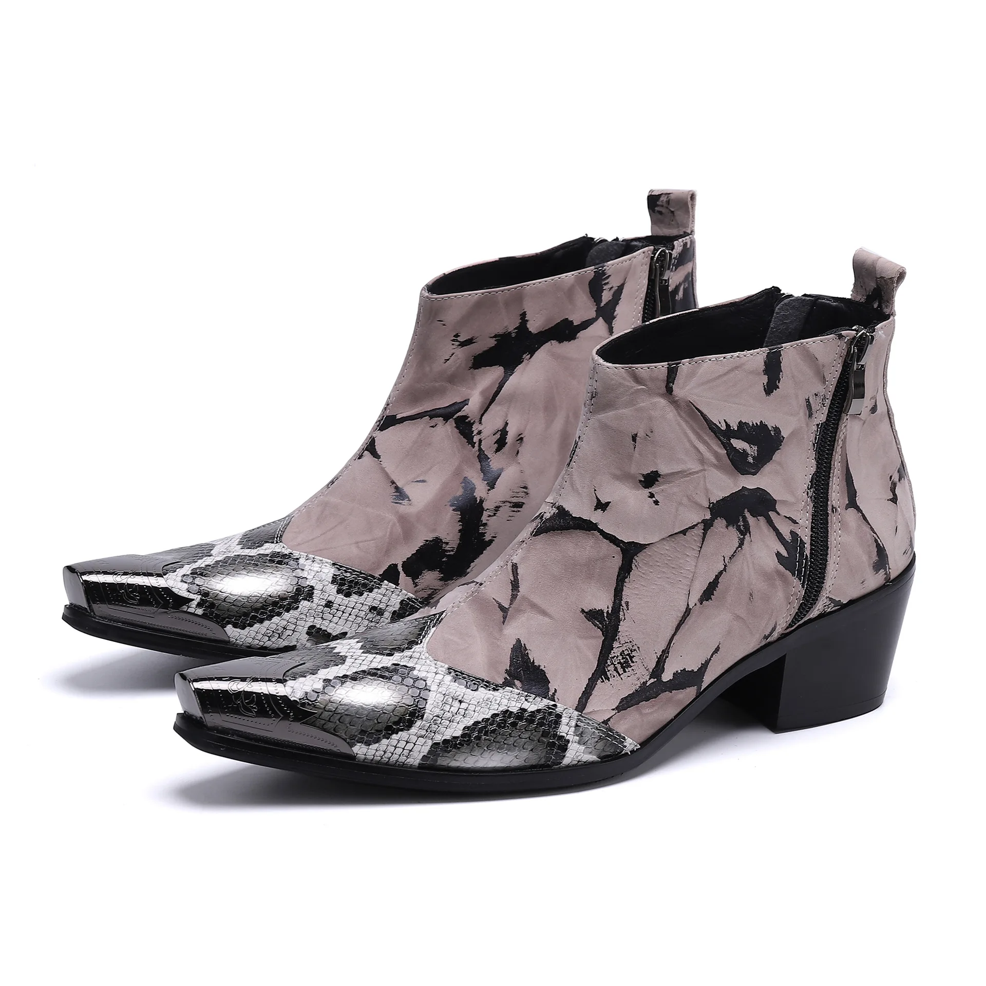 

Snakeskin Pattern Splicing Metal Pointed Toe Ankle Boots Male Mixed Color High Top Chunky Heel Chelsea Boots Men's Leisure Shoes