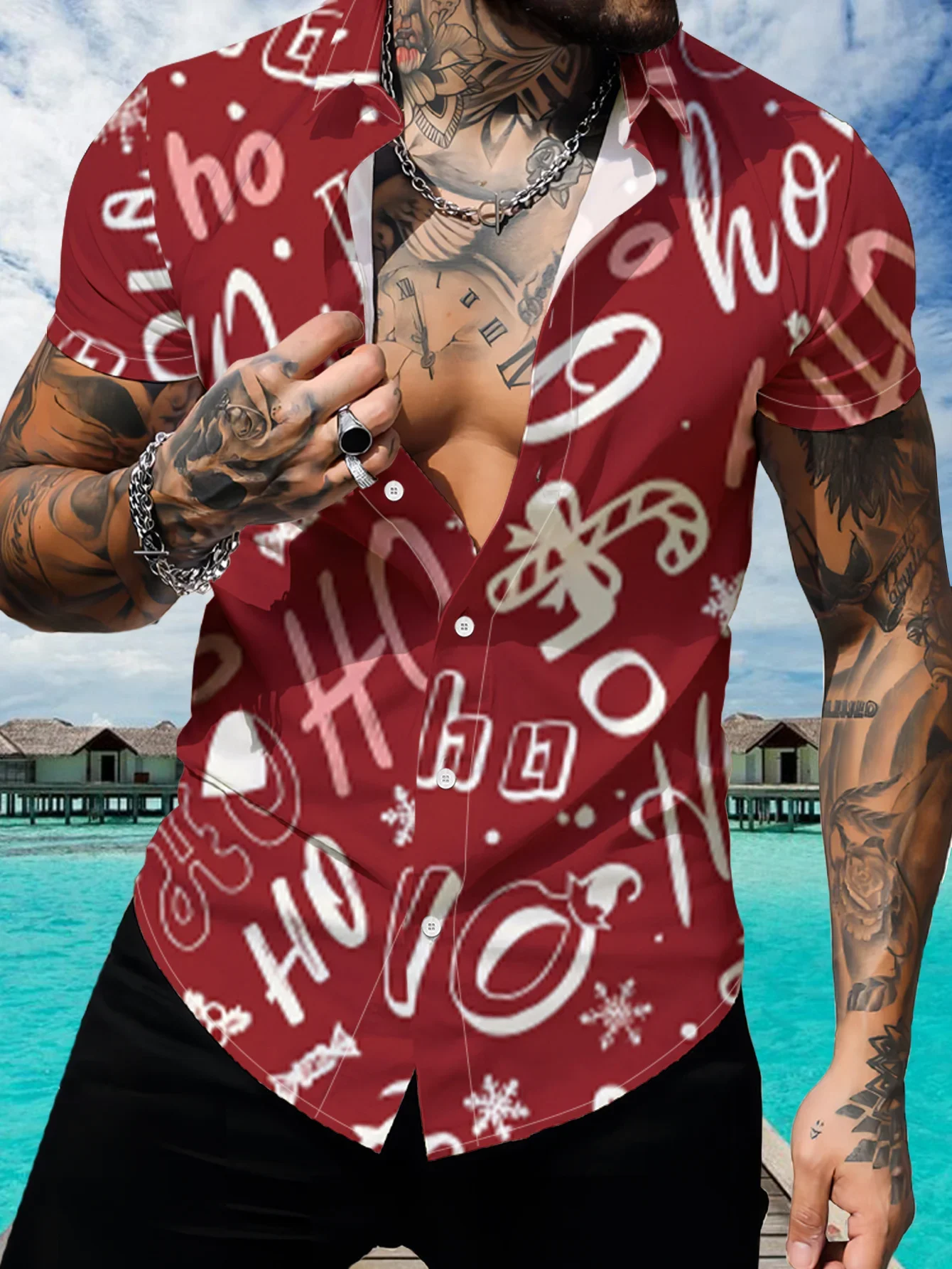 Men's Summer High Street Hawaiian Shirt Casual Tropical Pattern Print Tshirt Lapel Collar Lightweight Vacation Beach Tops